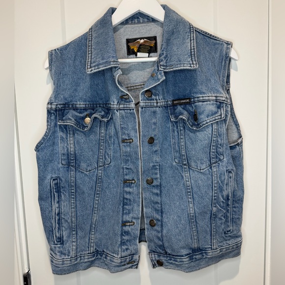 Harley-Davidson Jackets & Blazers - Vintage Harley-Davidson Women’s Denim Vest with Black Patch and Gold Eagle M